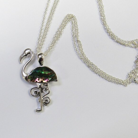 Silver Plated Abalone Shell Flamingo Charm Necklace Pendant - Picture 3 of 6